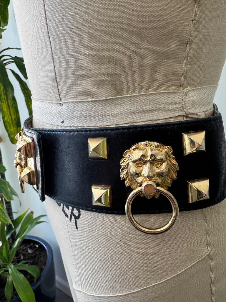 Vintage French lambs skin leather belt with metal lions head detail