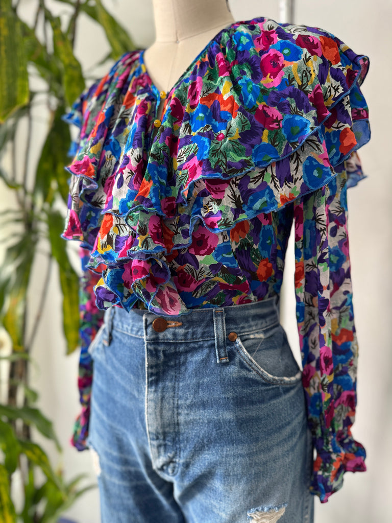 Vintage ruffled silk top vibrant jewel tones