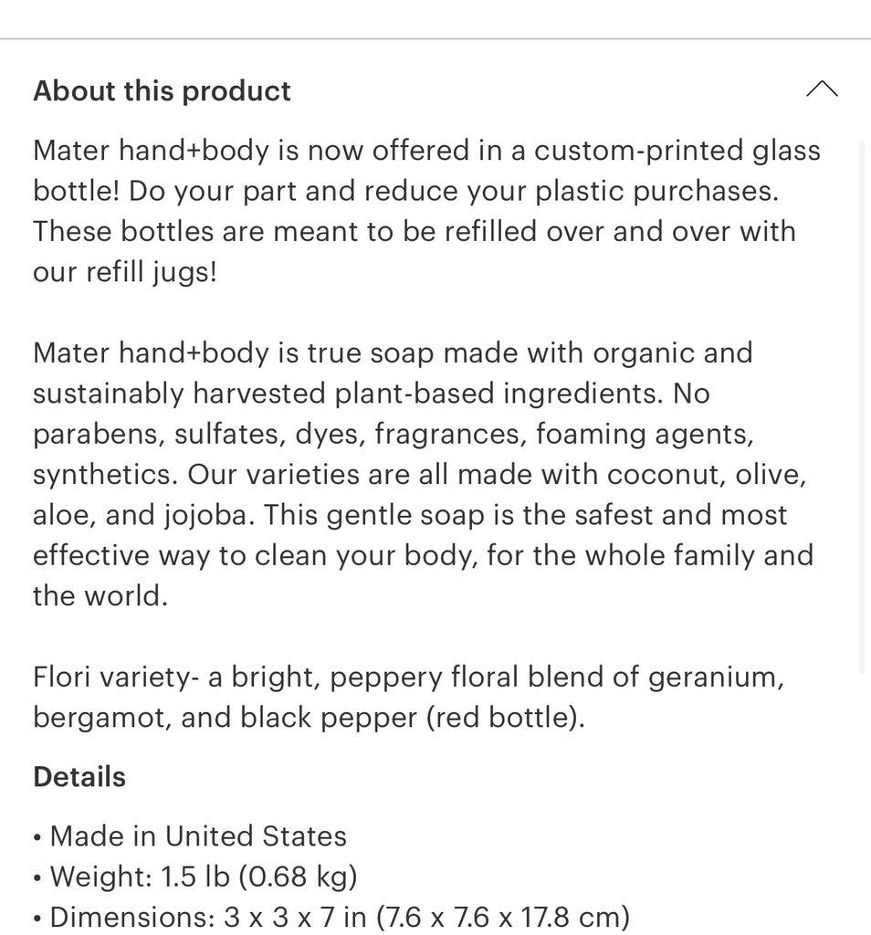 Mater Soap | Flori Soap | glass bottle