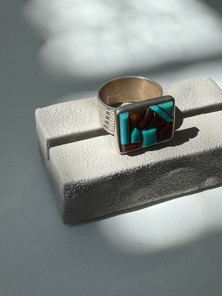 Turquoise and Amber | Sterling silver mosaic ring size 10.25