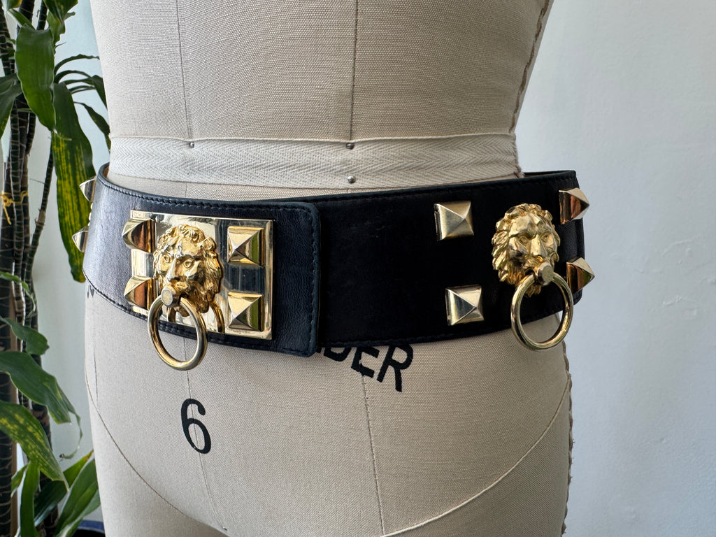 Vintage French lambs skin leather belt with metal lions head detail
