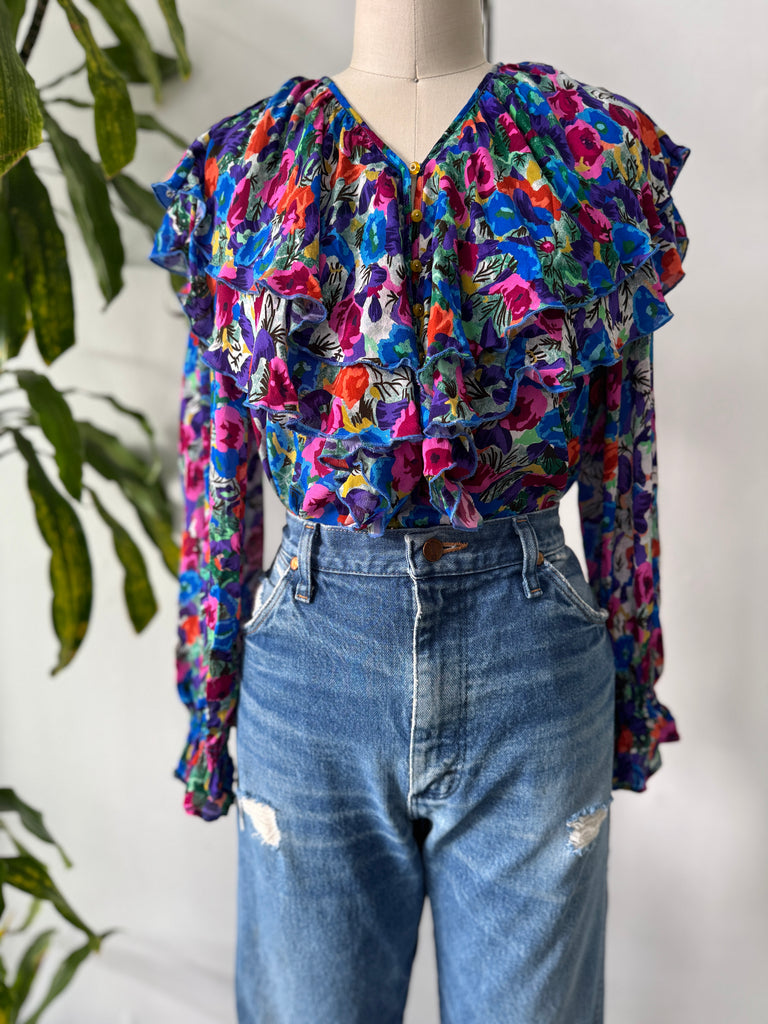 Vintage ruffled silk top vibrant jewel tones