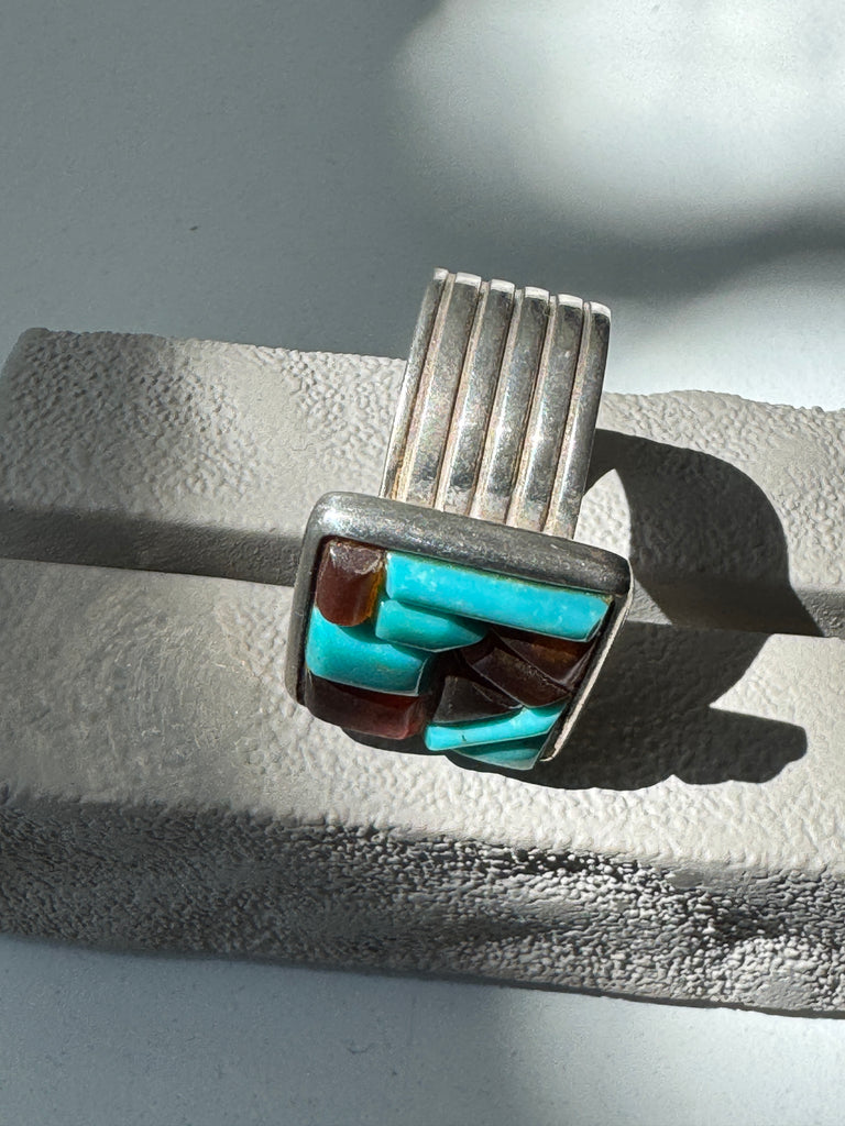 Turquoise and Amber | Sterling silver mosaic ring size 10.25