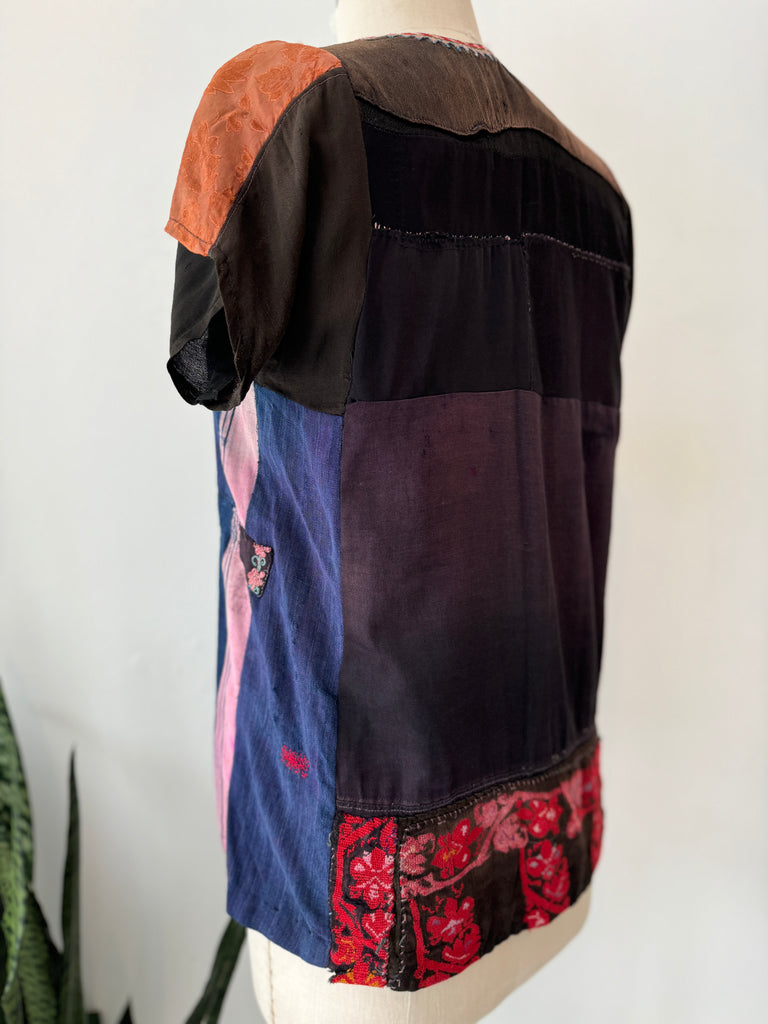 Antique patched fabric wearable art top