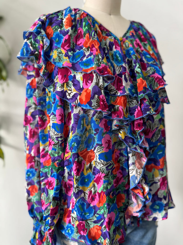 Vintage ruffled silk top vibrant jewel tones