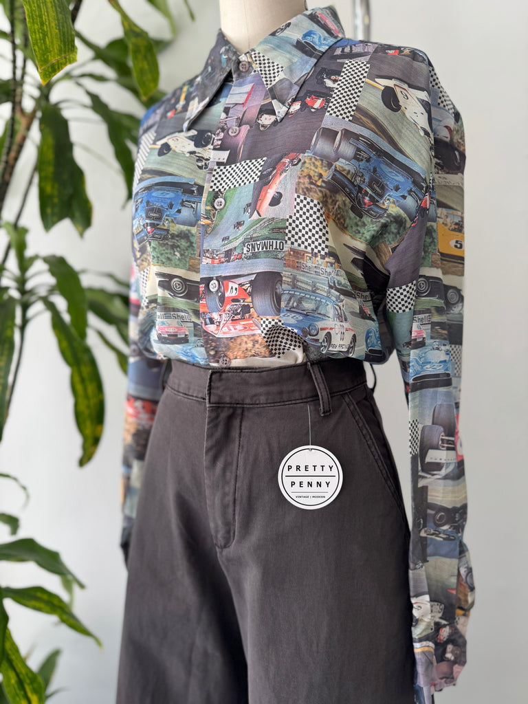 1970’s photo realistic racing car button up top