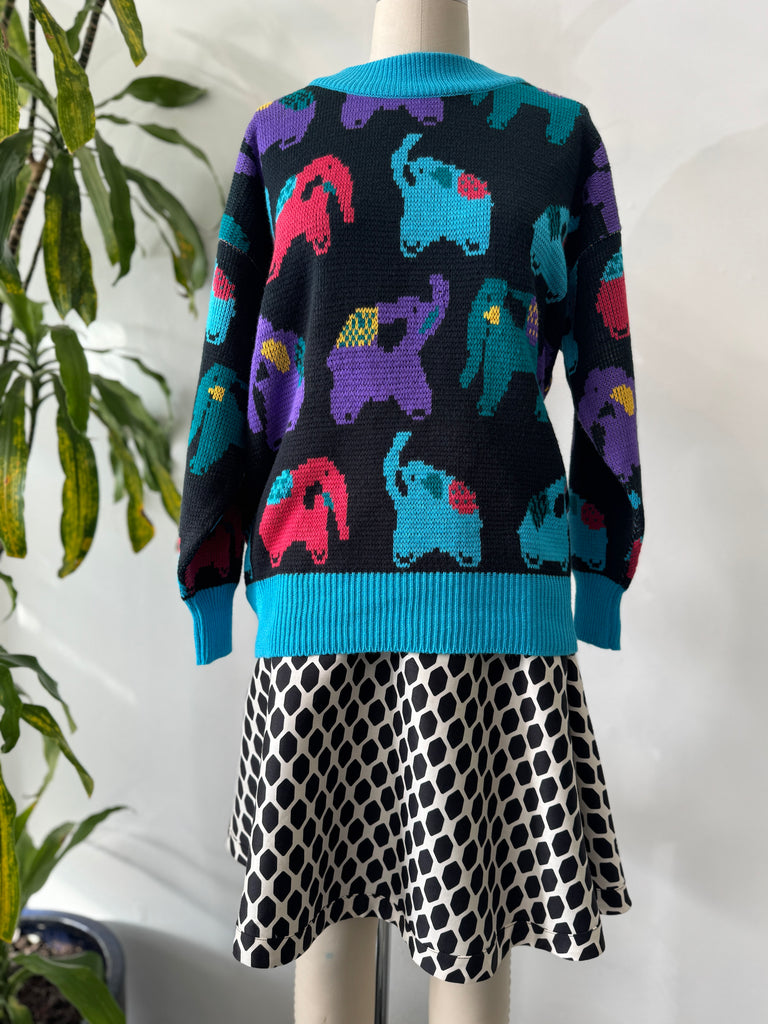 Colorful elephant novelty print knit sweater