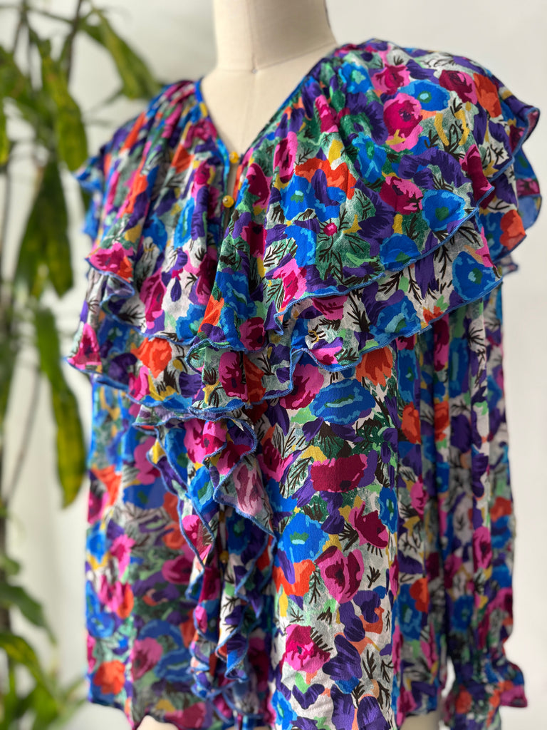 Vintage ruffled silk top vibrant jewel tones
