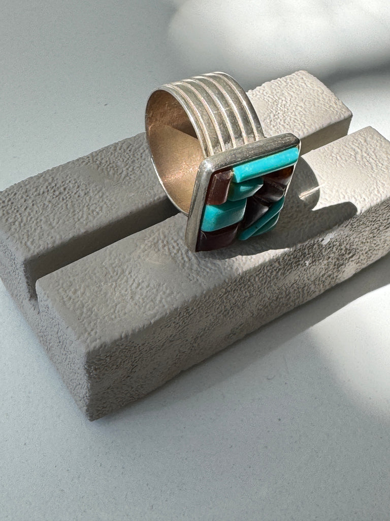 Turquoise and Amber | Sterling silver mosaic ring size 10.25