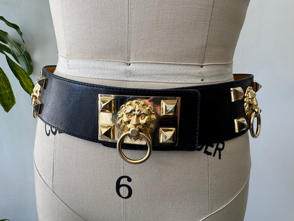 Vintage French lambs skin leather belt with metal lions head detail