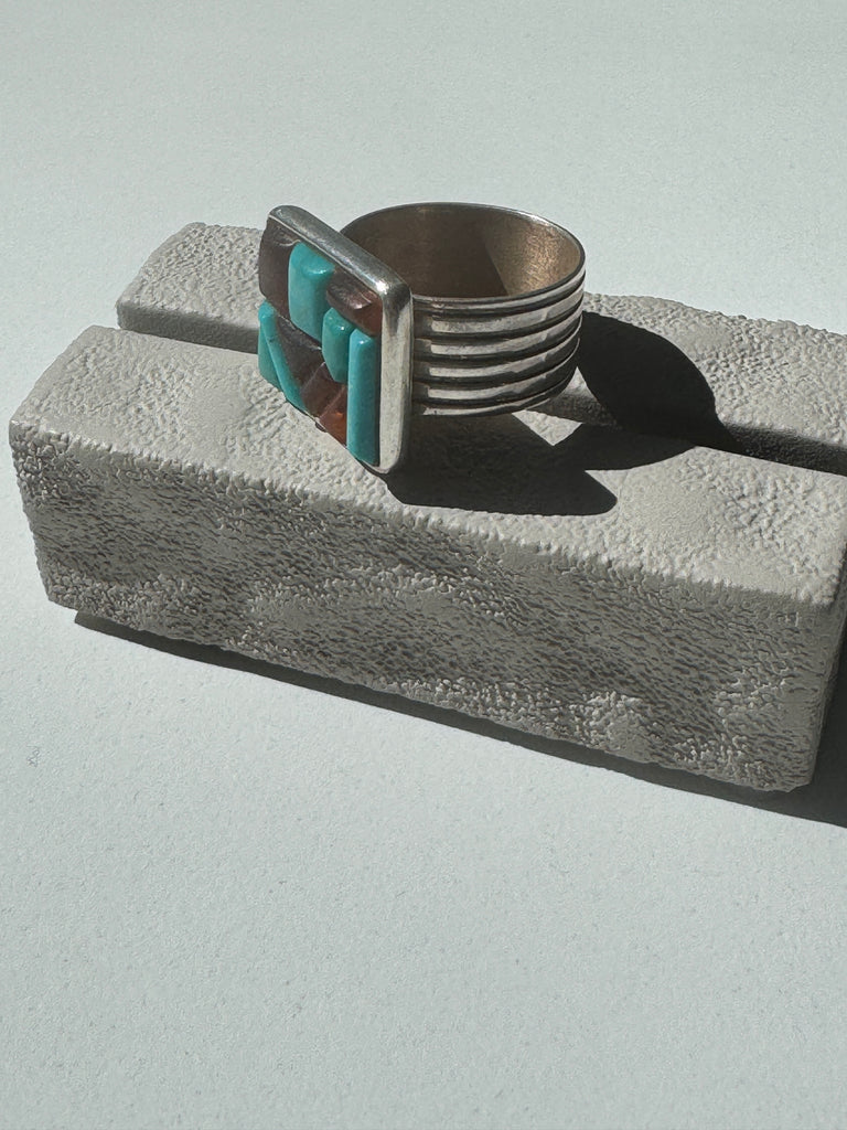 Turquoise and Amber | Sterling silver mosaic ring size 10.25