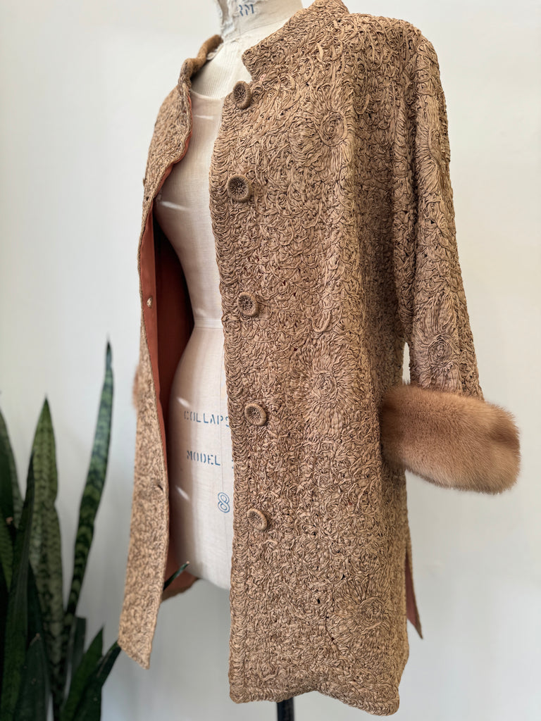 Vintage looped ribbon jacket with fur trim