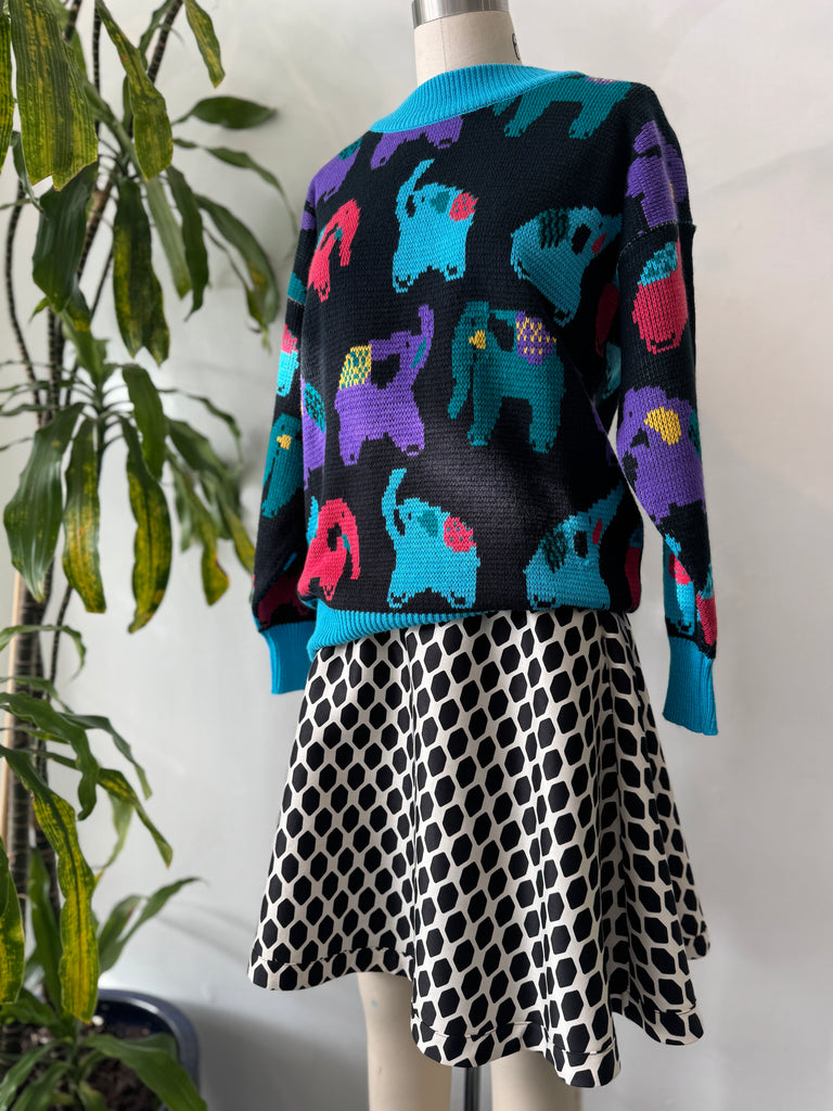 Colorful elephant novelty print knit sweater