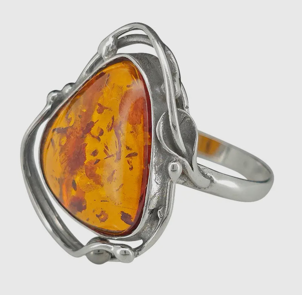 Handmade cognac amber and sterling silver ring size 6