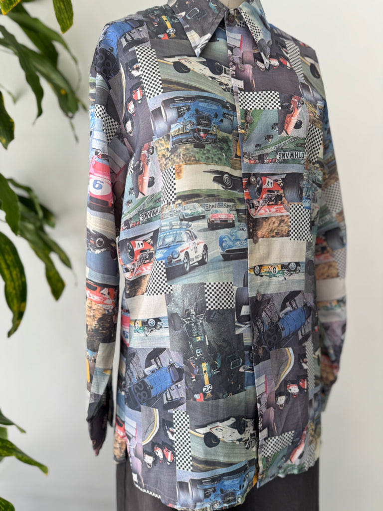 1970’s photo realistic racing car button up top