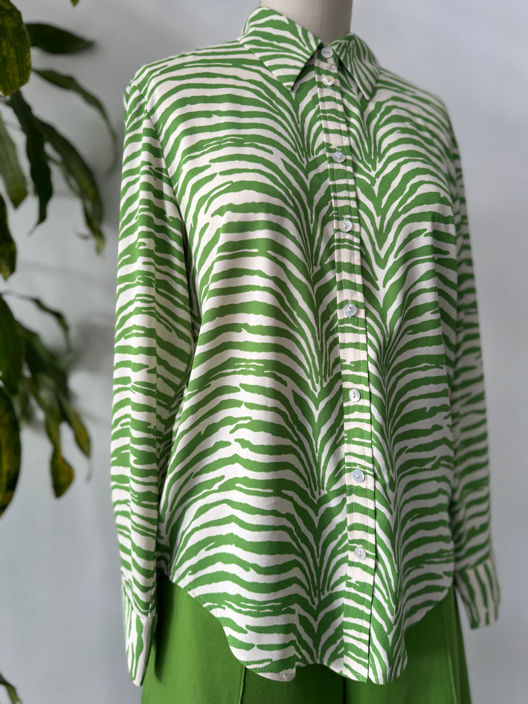 Green zebra print button up top