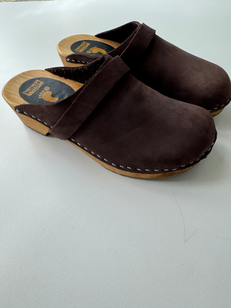 Swedish brown suede clogs size 8.5