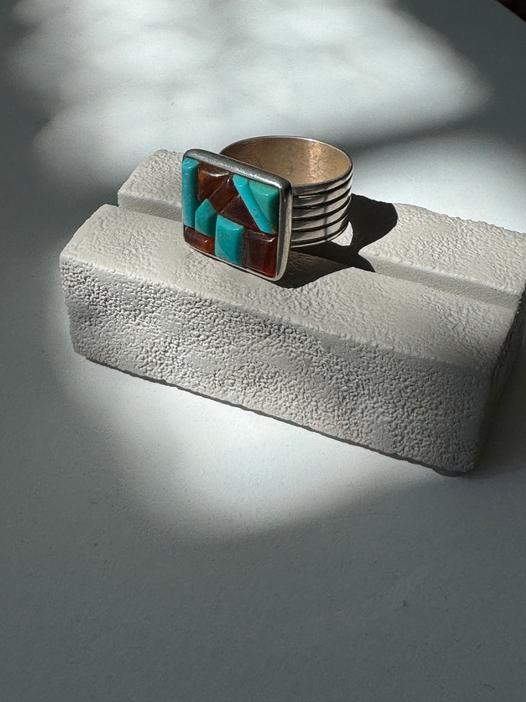 Turquoise and Amber | Sterling silver mosaic ring size 10.25