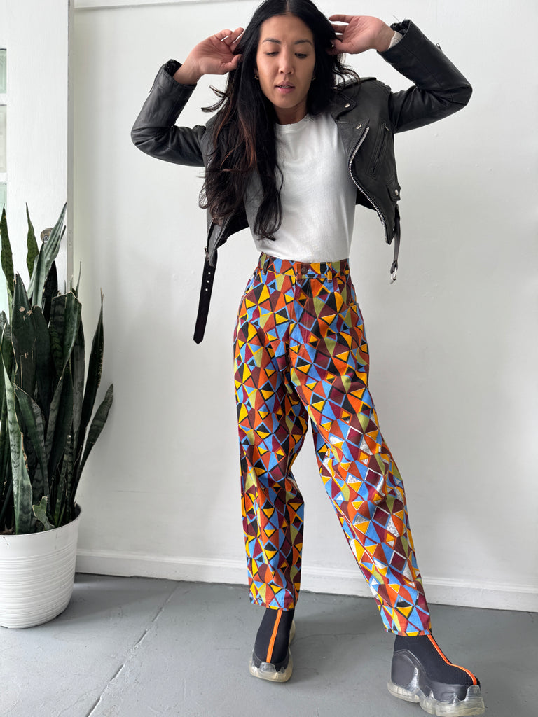 High waist vibrant color + print pants waist “34”