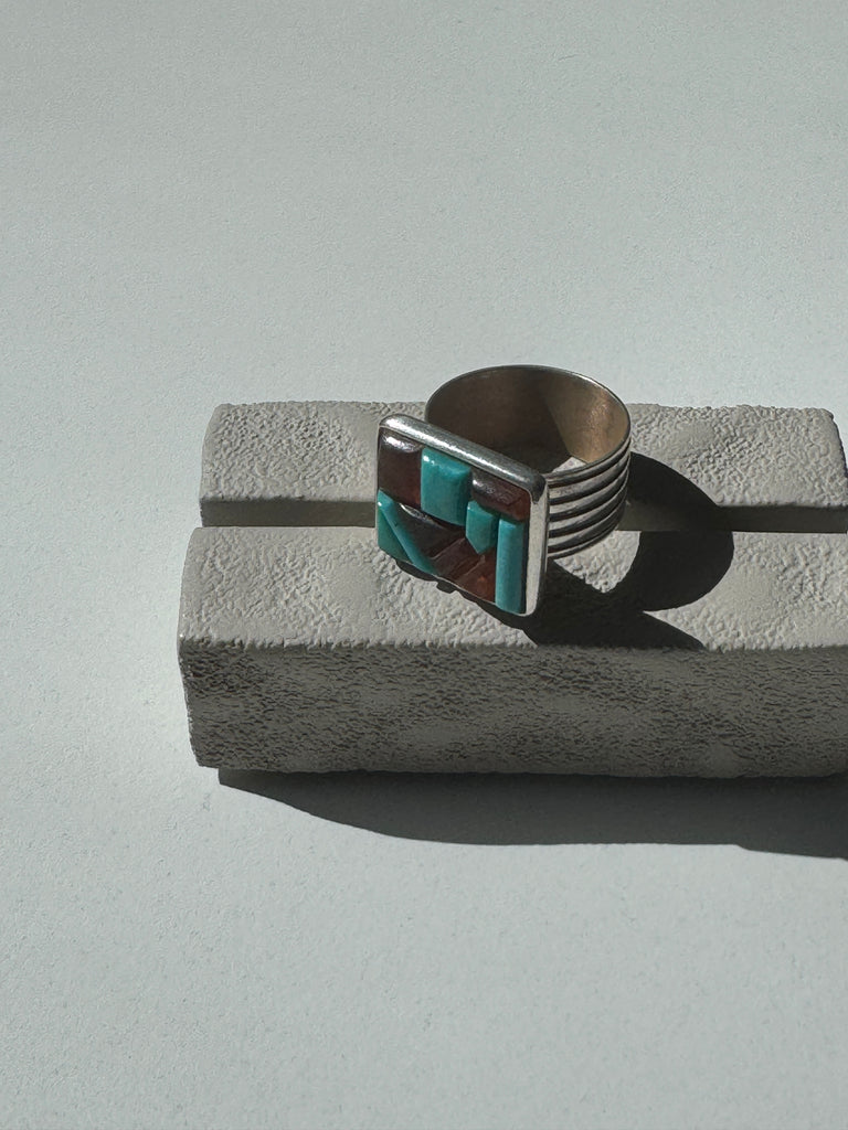Turquoise and Amber | Sterling silver mosaic ring size 10.25