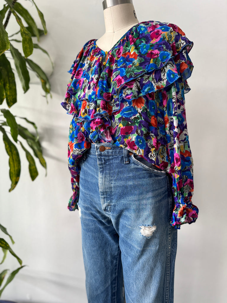Vintage ruffled silk top vibrant jewel tones