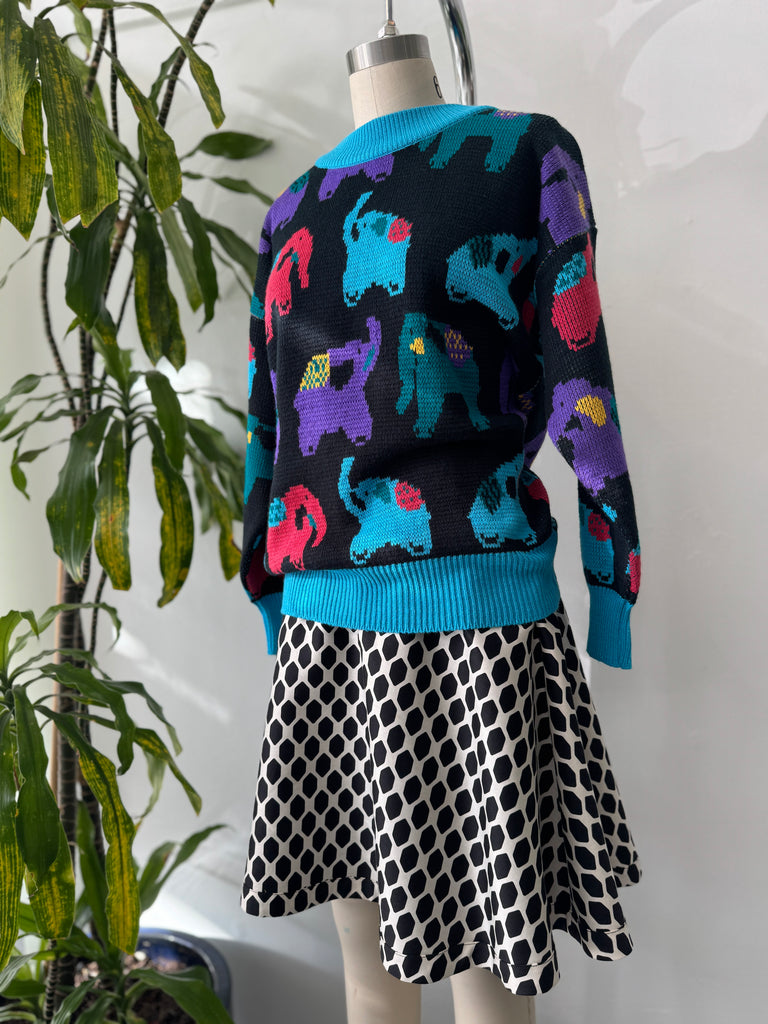 Colorful elephant novelty print knit sweater