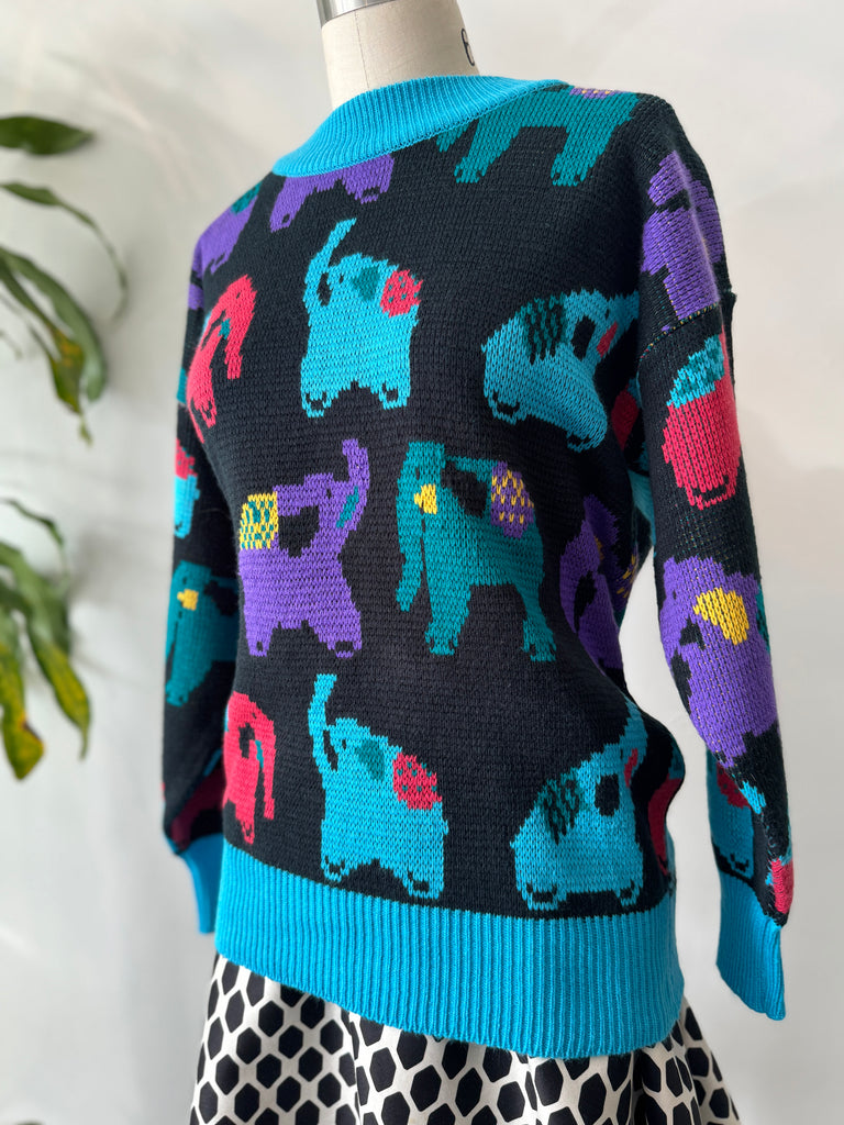 Colorful elephant novelty print knit sweater