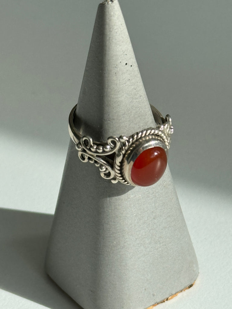 Carnelian and stamped sterling silver ring size 8