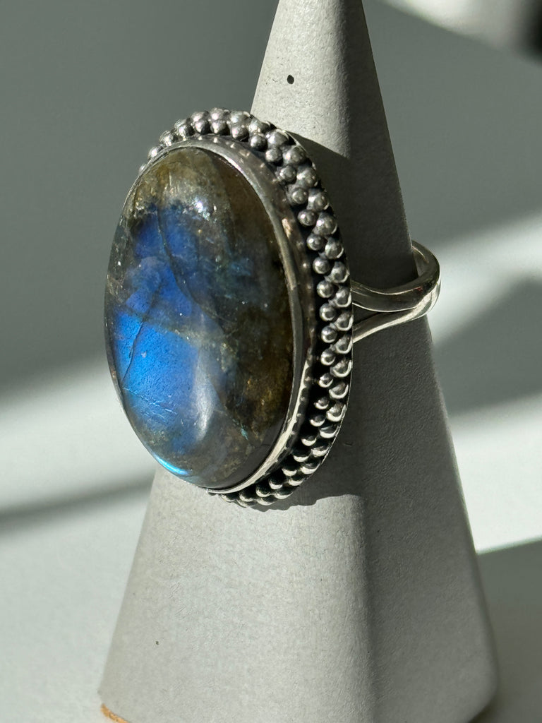 Labraordite + stamped sterling silver ring size “7.5”