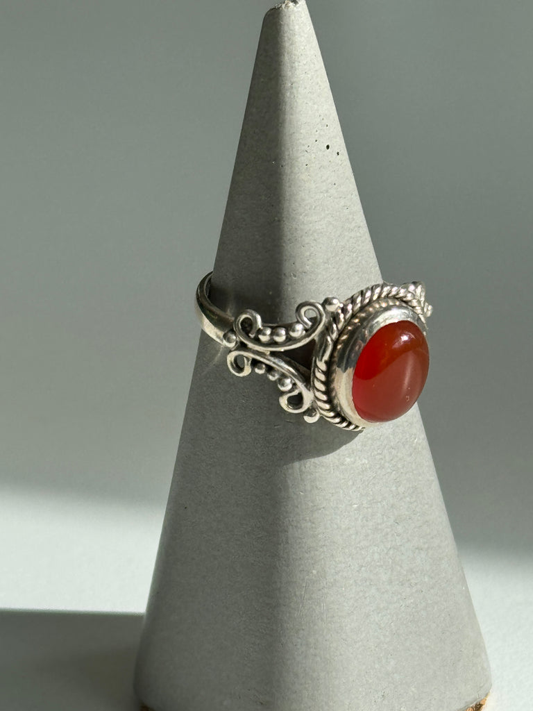 Carnelian and stamped sterling silver ring size 8